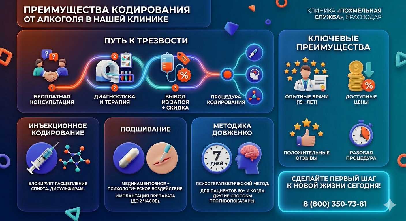Инфографика о методах кодирования от алкоголя в Варениковской: инъекции, подшивание, метод Довженко. Преимущества клиники и этапы лечения.