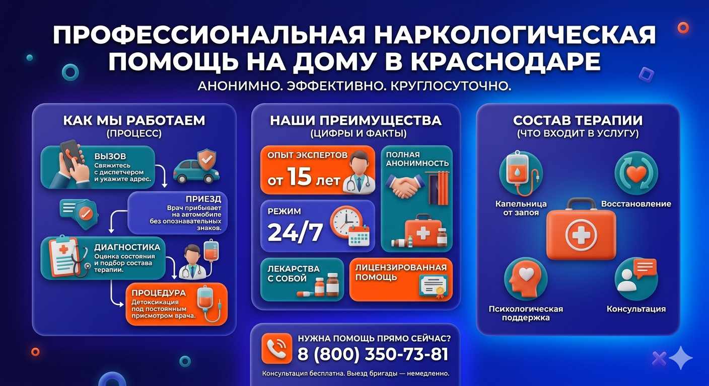 Инфографика о принципах лечения алкоголизма на дому в Варениковской: этапы вызова нарколога, преимущества анонимной детоксикации и состав медицинской помощи.